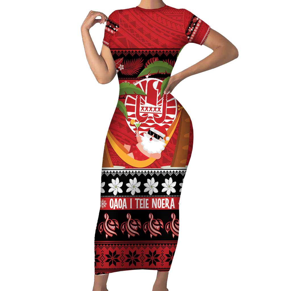 French Polynesia Christmas Short Sleeve Bodycon Dress Tiare Chilling Santa Oaoa I teie Noera LT14 Long Dress Red - Polynesian Pride