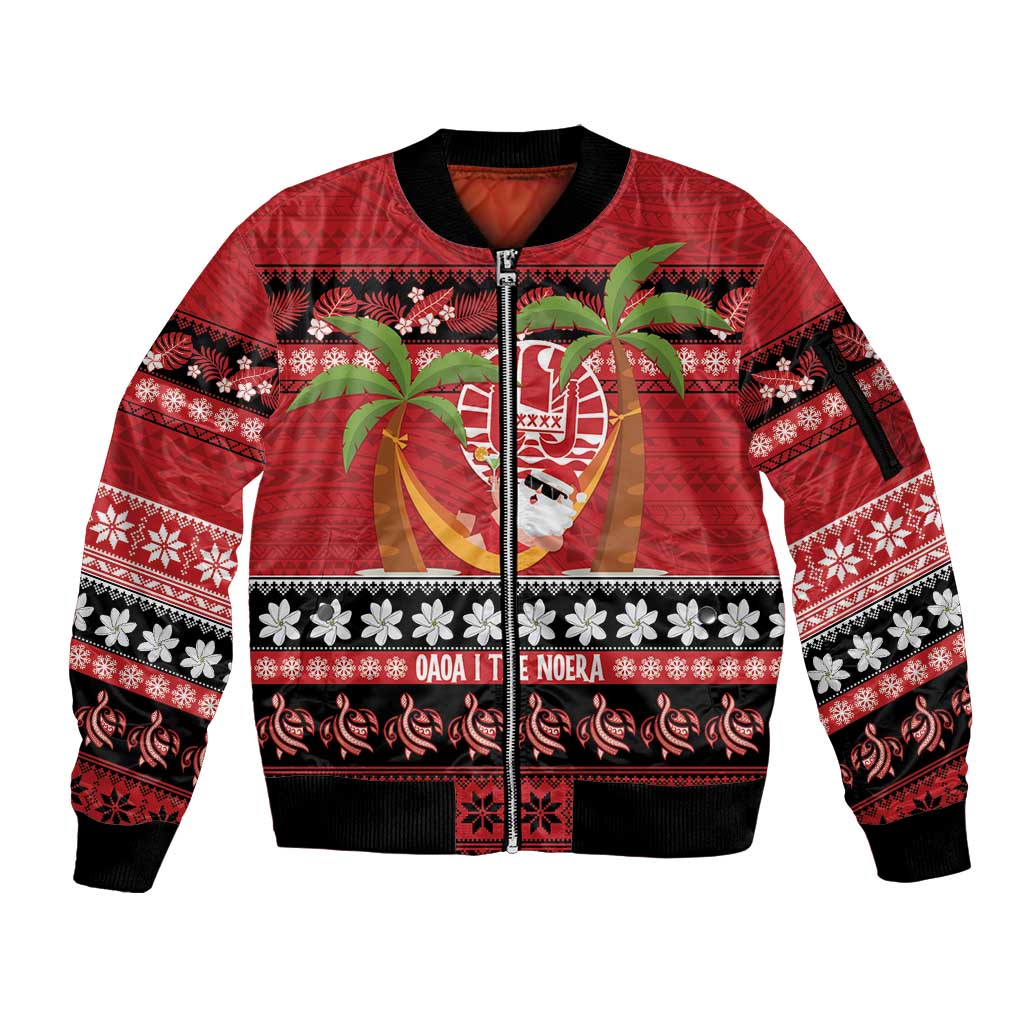 French Polynesia Christmas Sleeve Zip Bomber Jacket Tiare Chilling Santa Oaoa I teie Noera LT14 Unisex Red - Polynesian Pride
