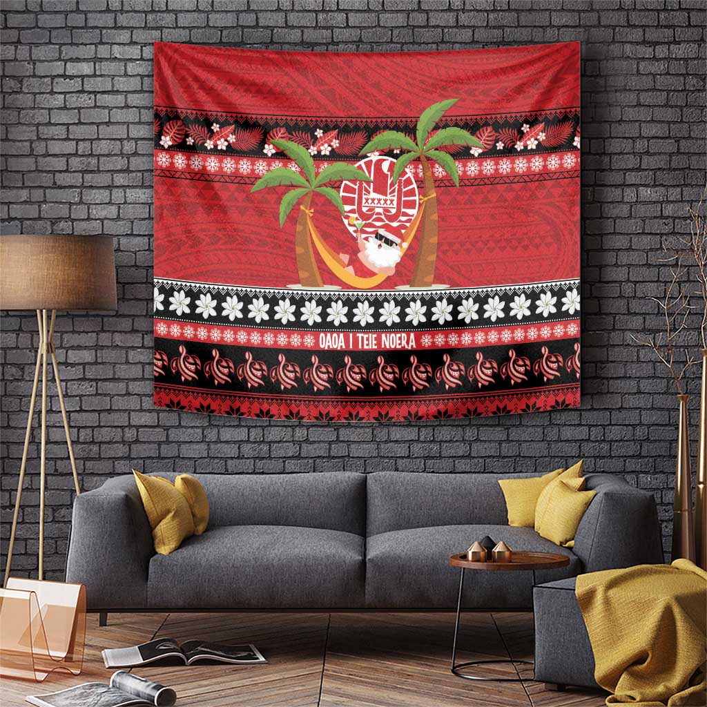 French Polynesia Christmas Tapestry Tiare Chilling Santa Oaoa I teie Noera LT14 Red - Polynesian Pride