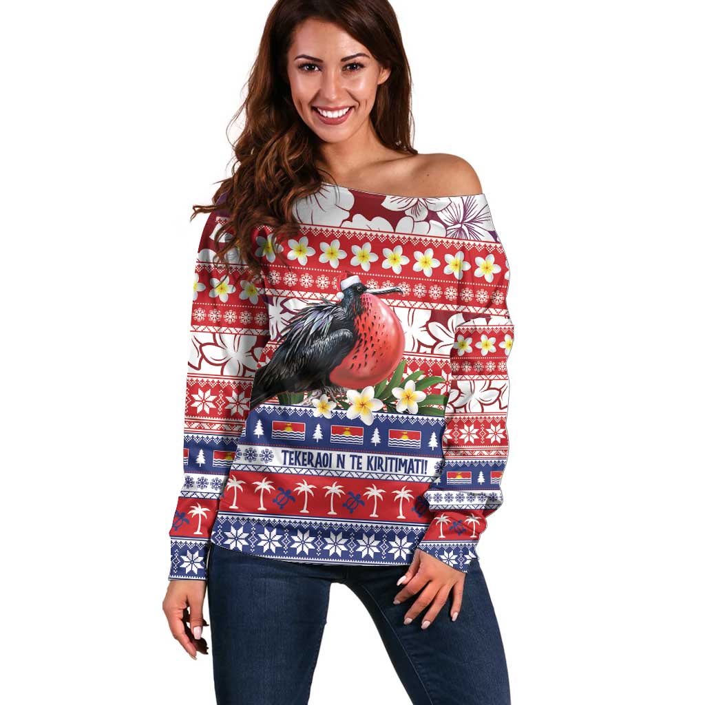 Kiribati Christmas Off Shoulder Sweater Frigatebird Santa Tekeraoi n te Kiritimati LT14 Women Red - Polynesian Pride