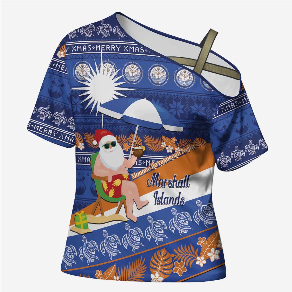 Marshall Islands Christmas Cross Shoulder Shirt Beachy Santa Monono ilo raaneoan Nejin LT14 Female Blue - Polynesian Pride