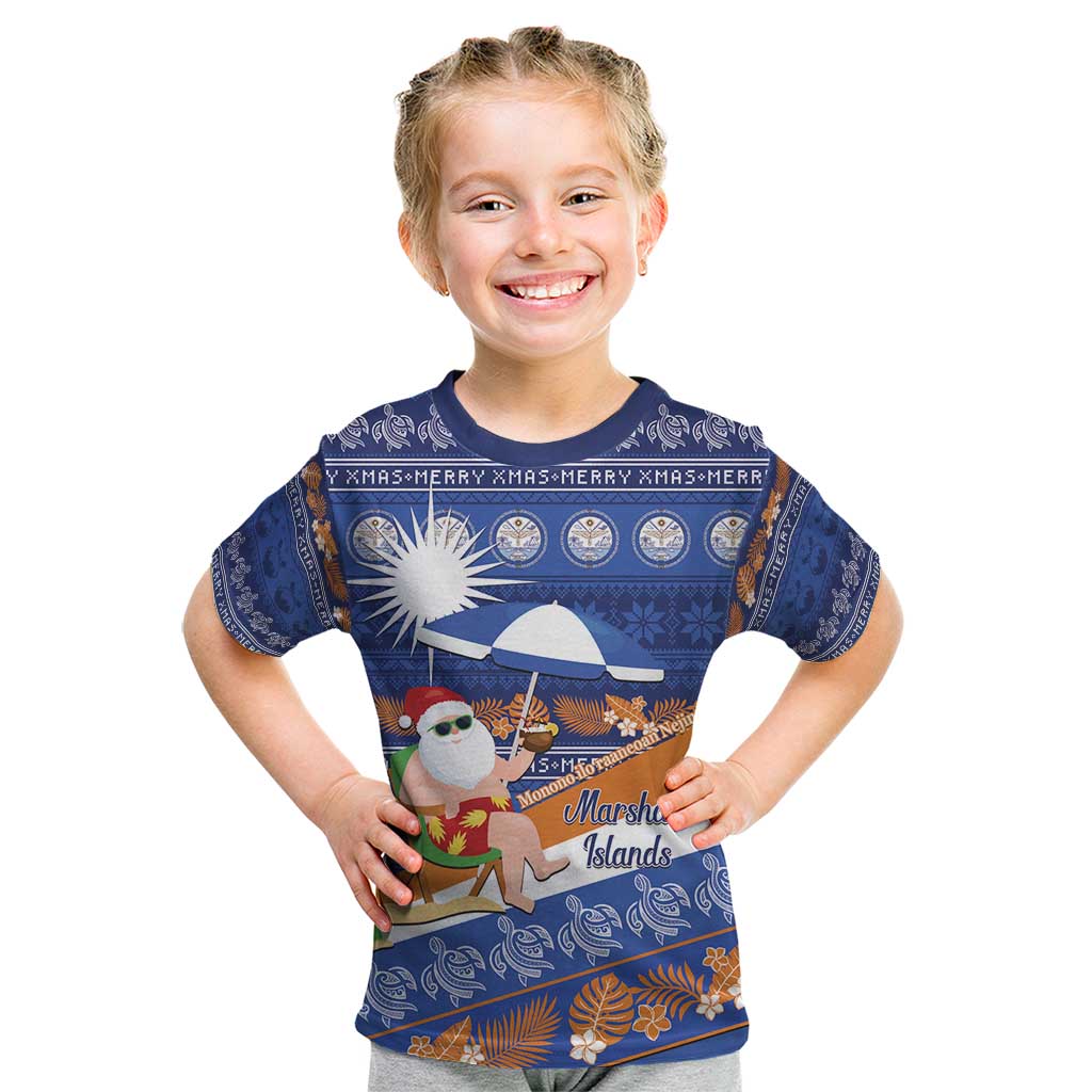 Marshall Islands Christmas Kid T Shirt Beachy Santa Monono ilo raaneoan Nejin LT14 Blue - Polynesian Pride