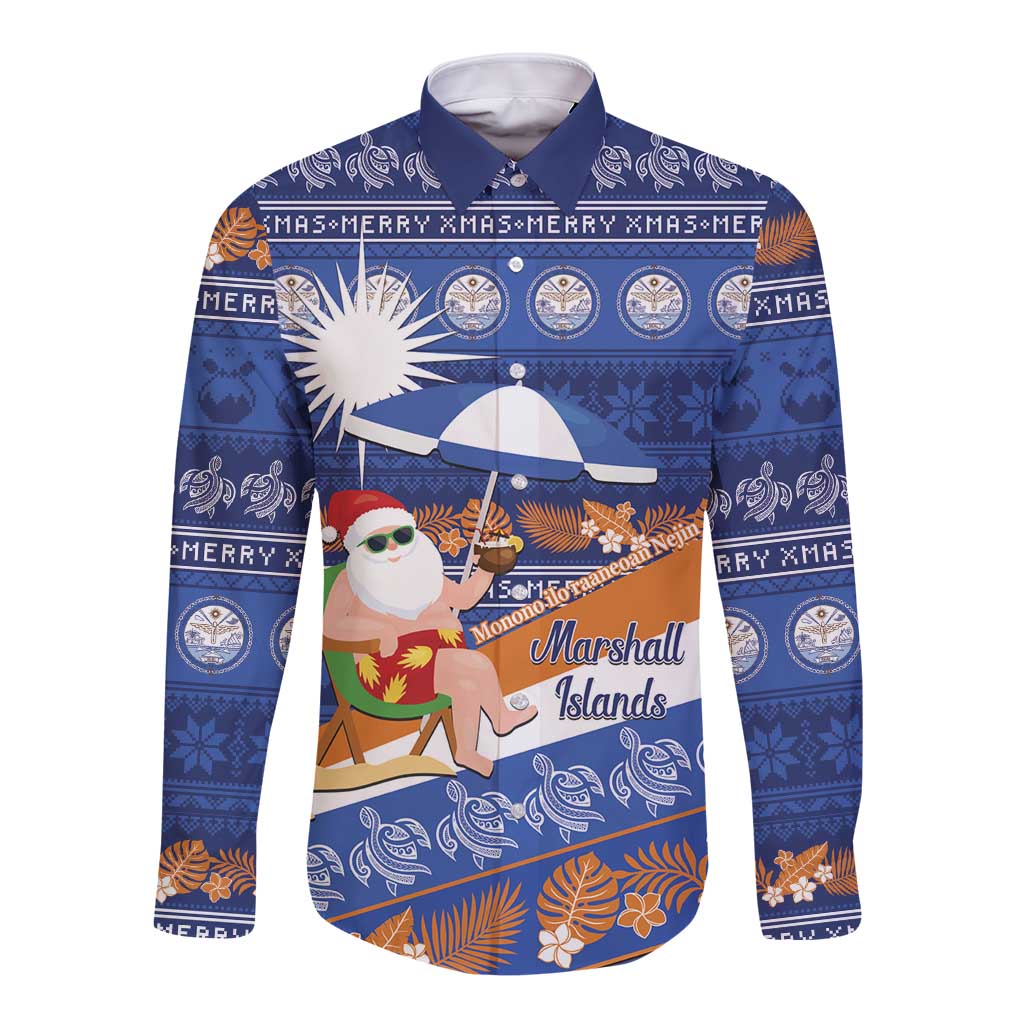 Marshall Islands Christmas Long Sleeve Button Shirt Beachy Santa Monono ilo raaneoan Nejin LT14 Unisex Blue - Polynesian Pride