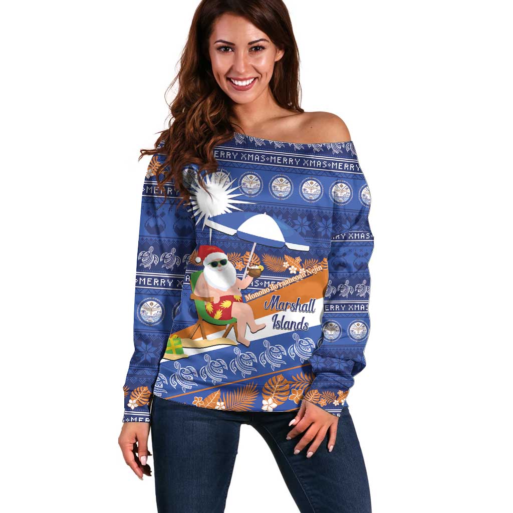 Marshall Islands Christmas Off Shoulder Sweater Beachy Santa Monono ilo raaneoan Nejin LT14 Women Blue - Polynesian Pride