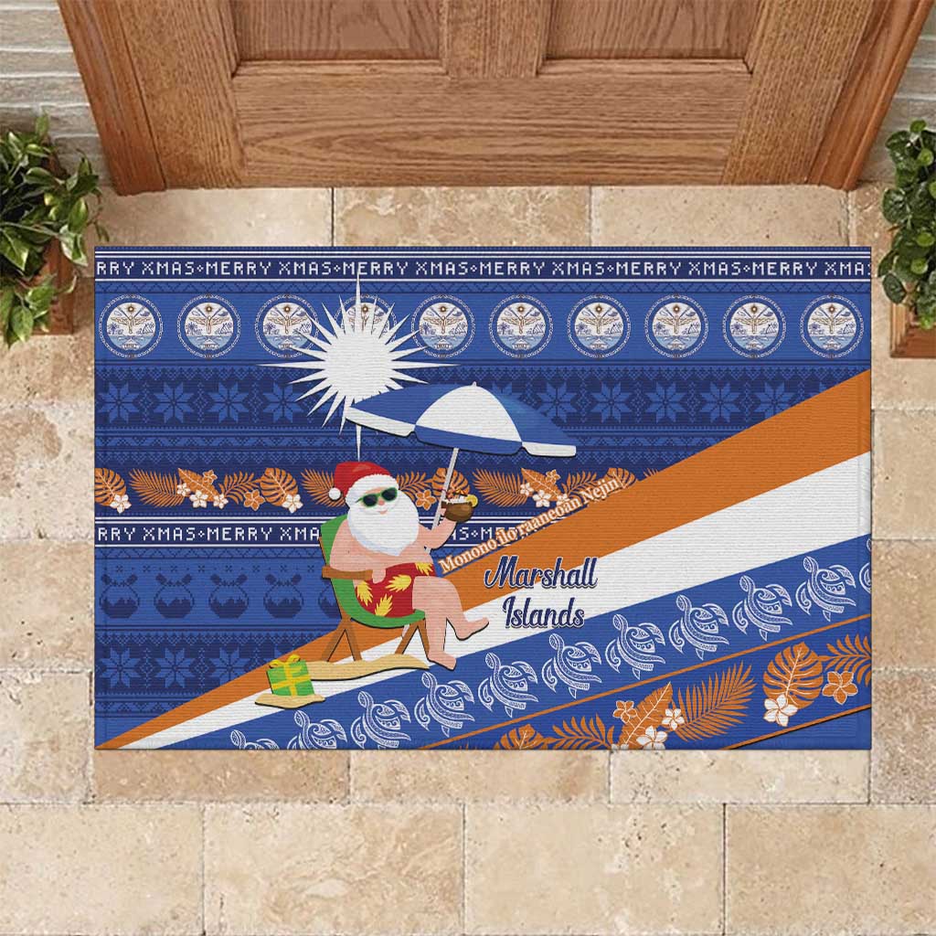 Marshall Islands Christmas Rubber Doormat Beachy Santa Monono ilo raaneoan Nejin LT14 Blue - Polynesian Pride
