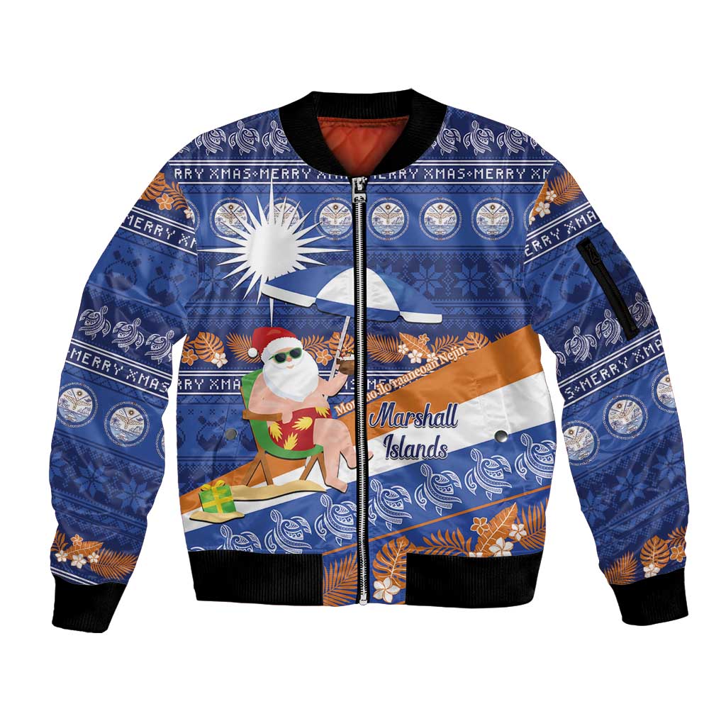 Marshall Islands Christmas Sleeve Zip Bomber Jacket Beachy Santa Monono ilo raaneoan Nejin LT14 Unisex Blue - Polynesian Pride