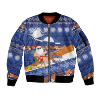 Marshall Islands Christmas Sleeve Zip Bomber Jacket Beachy Santa Monono ilo raaneoan Nejin LT14 Unisex Blue - Polynesian Pride