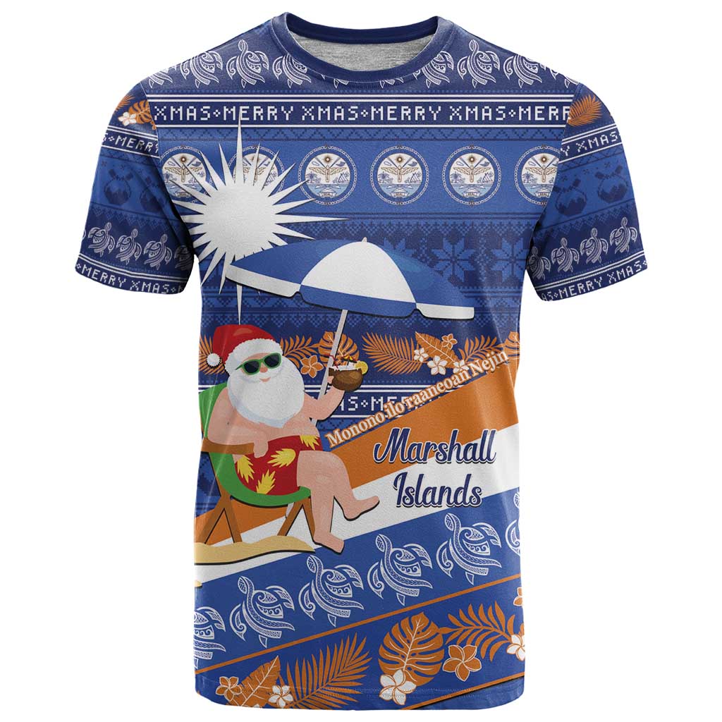 Marshall Islands Christmas T Shirt Beachy Santa Monono ilo raaneoan Nejin LT14 Blue - Polynesian Pride