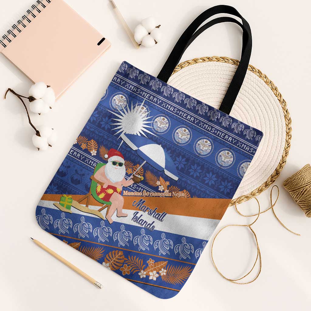 Marshall Islands Christmas Tote Bag Beachy Santa Monono ilo raaneoan Nejin LT14 Black Strap One Size Blue - Polynesian Pride