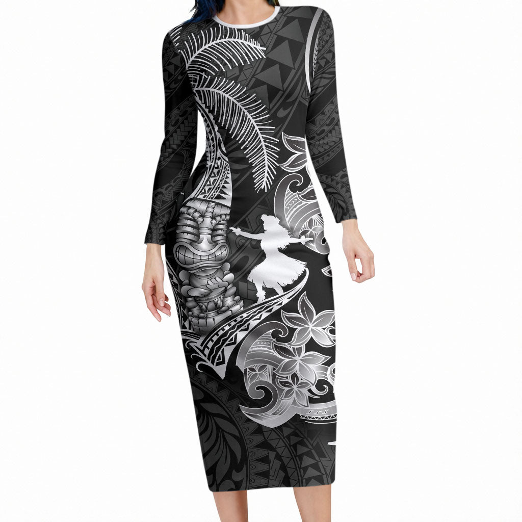 Hawaii Tribal Tiki Drum Hula Girl Long Sleeve Bodycon Dress