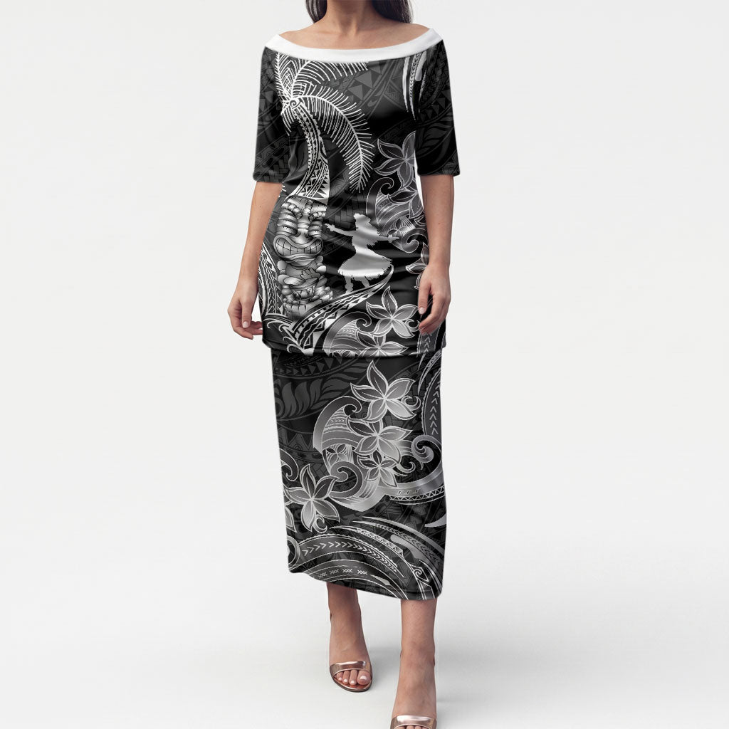 Hawaii Tribal Tiki Drum Hula Girl Puletasi LT14 Long Dress Black - Polynesian Pride