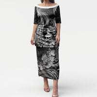 Hawaii Tribal Tiki Drum Hula Girl Puletasi LT14 Long Dress Black - Polynesian Pride