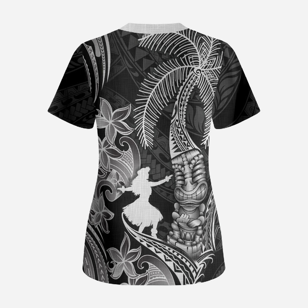 Hawaii Tribal Tiki Drum Hula Girl Scrub Top