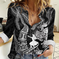 Hawaii Tribal Tiki Drum Hula Girl Women Casual Shirt LT14 Female Black - Polynesian Pride