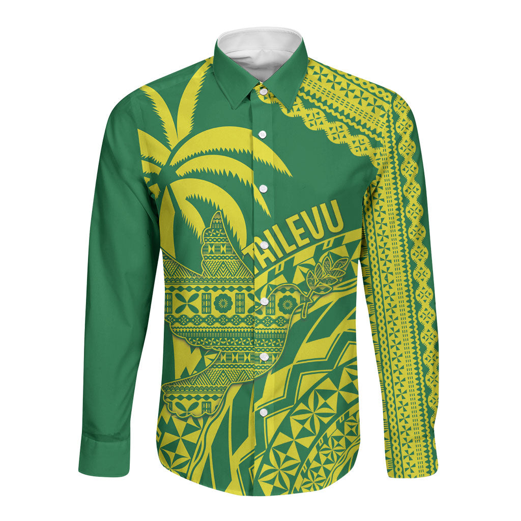 Tailevu Fiji 2026 Rugby Custom Long Sleeve Button Shirt Dove Nation Fijian Tapa Pattern LT14 Unisex Green - Polynesian Pride