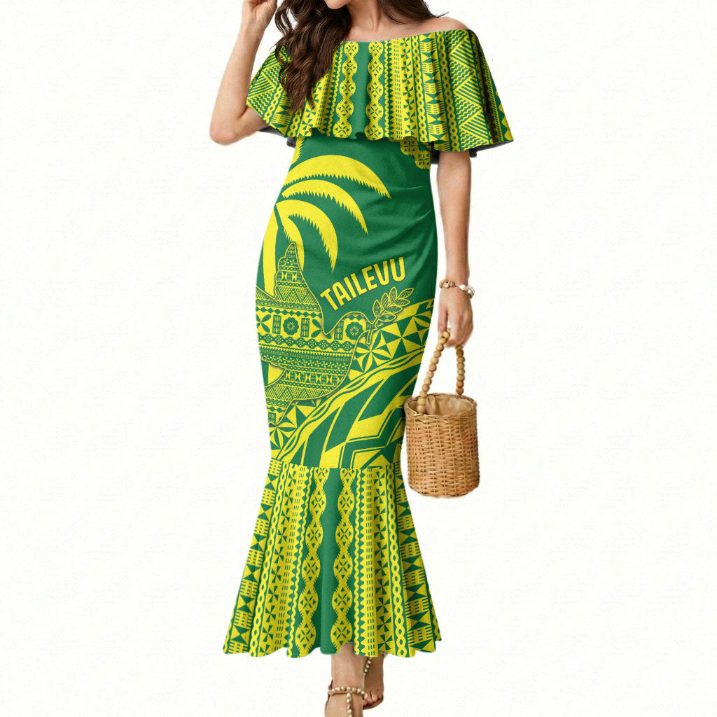 Tailevu Fiji 2026 Rugby Custom Mermaid Dress Dove Nation Fijian Tapa Pattern LT14 Women Green - Polynesian Pride
