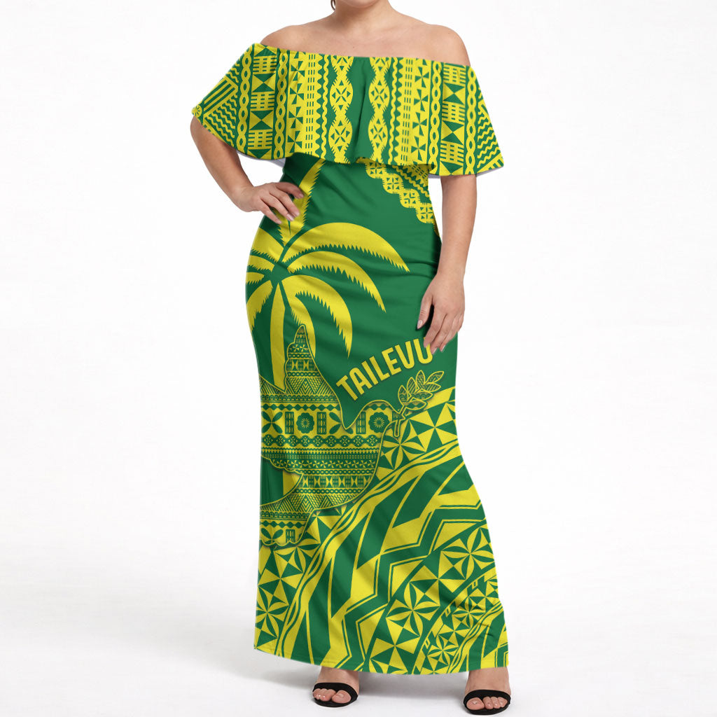 Tailevu Fiji 2026 Rugby Custom Off Shoulder Maxi Dress Dove Nation Fijian Tapa Pattern LT14 Women Green - Polynesian Pride