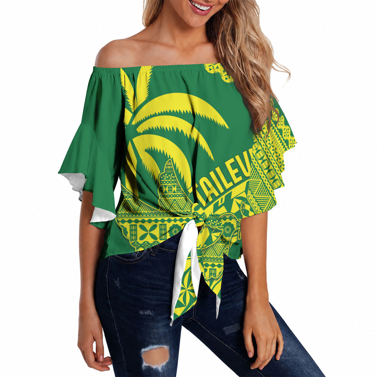 Tailevu Fiji 2026 Rugby Custom Off Shoulder Wrap Waist Top Dove Nation Fijian Tapa Pattern LT14 Green - Polynesian Pride