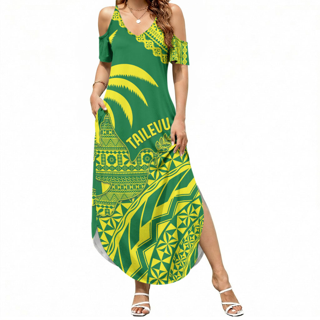 Tailevu Fiji 2026 Rugby Custom Summer Maxi Dress Dove Nation Fijian Tapa Pattern LT14 Women Green - Polynesian Pride