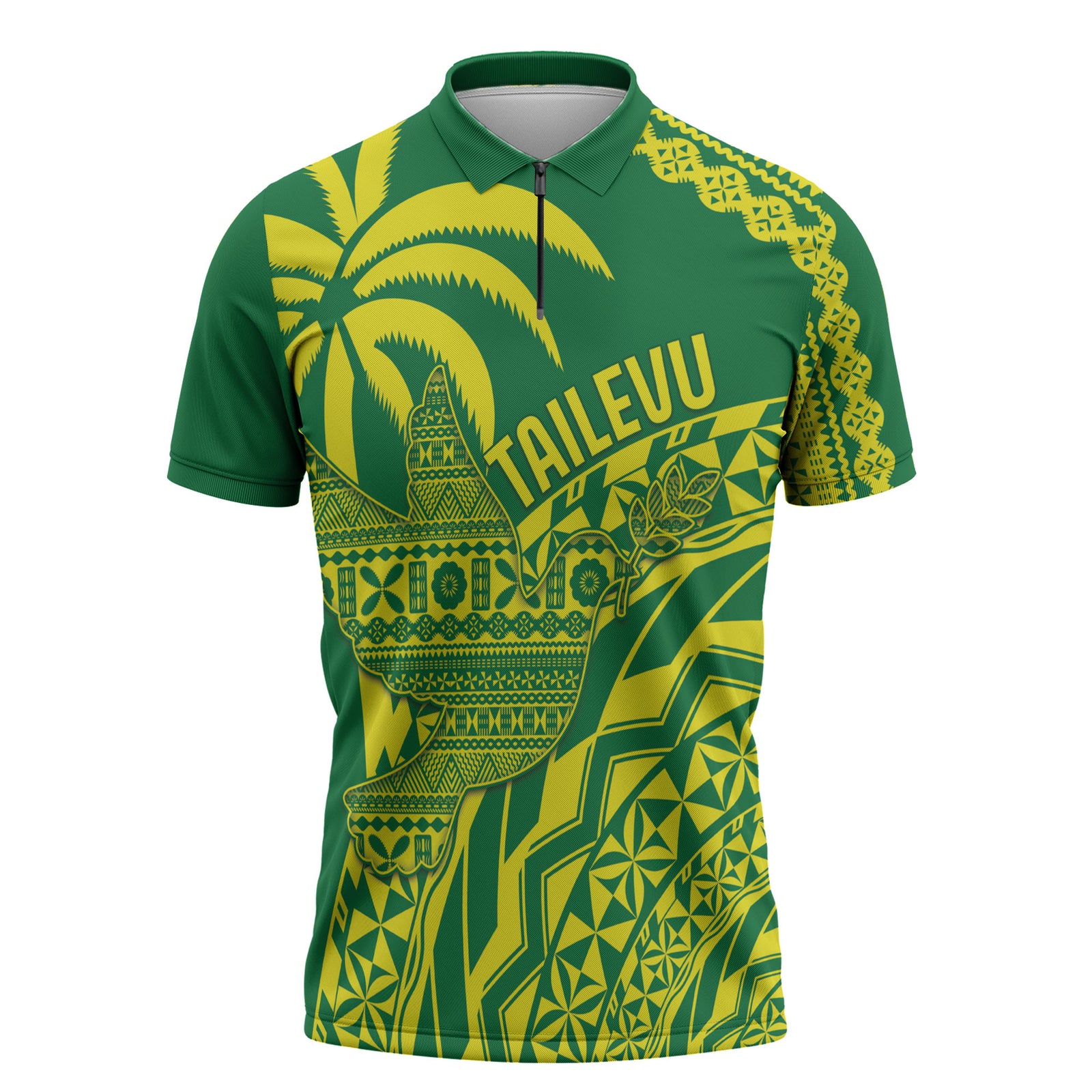 Tailevu Fiji 2026 Rugby Custom Zipper Polo Shirt Dove Nation Fijian Tapa Pattern LT14 Green - Polynesian Pride