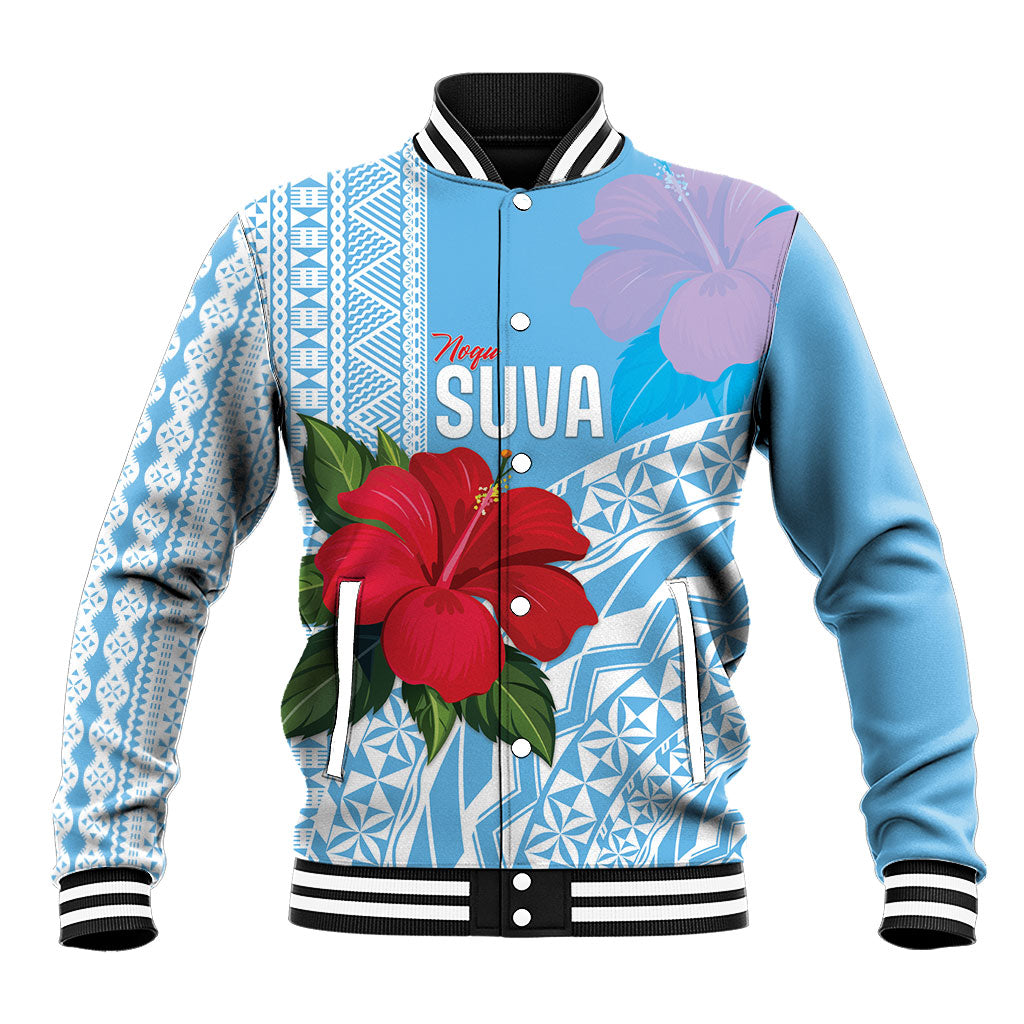 Suva Fiji 2026 Rugby Custom Baseball Jacket Hibiscus Fijian Tapa Pattern LT14 Unisex Blue - Polynesian Pride