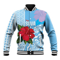 Suva Fiji 2026 Rugby Custom Baseball Jacket Hibiscus Fijian Tapa Pattern LT14 Unisex Blue - Polynesian Pride