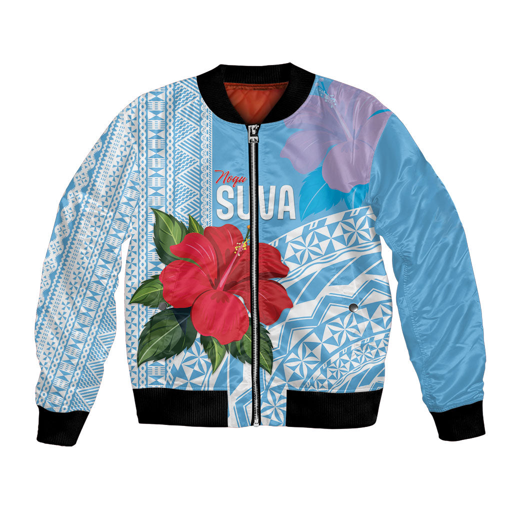 Suva Fiji 2026 Rugby Custom Bomber Jacket Hibiscus Fijian Tapa Pattern LT14 Unisex Blue - Polynesian Pride