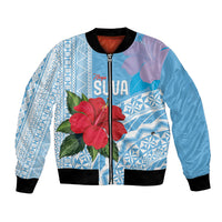 Suva Fiji 2026 Rugby Custom Bomber Jacket Hibiscus Fijian Tapa Pattern LT14 Unisex Blue - Polynesian Pride