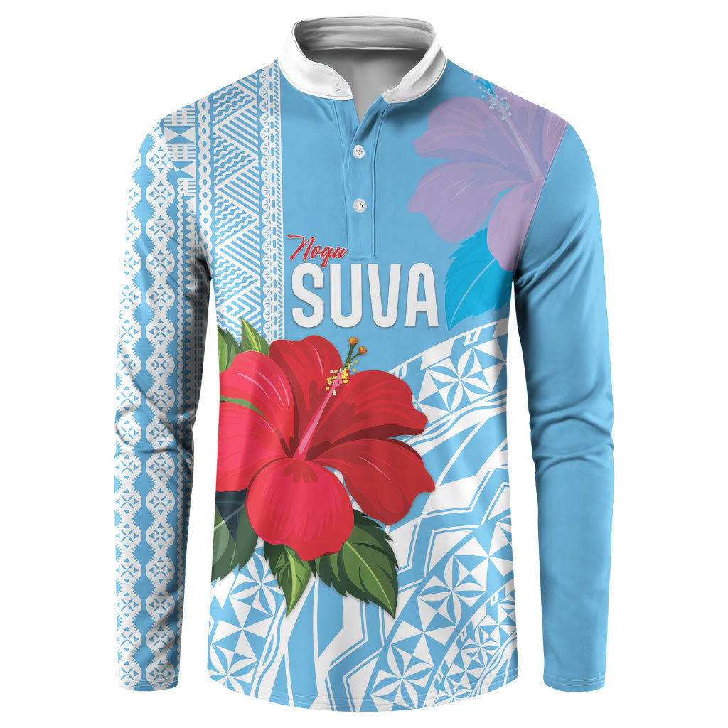 Suva Fiji 2026 Rugby Custom Button Sweatshirt Hibiscus Fijian Tapa Pattern LT14 Blue - Polynesian Pride