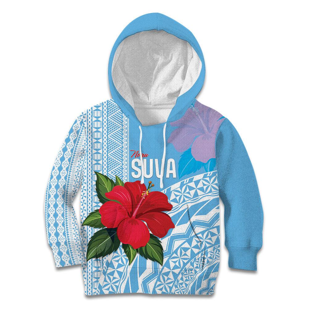 Suva Fiji 2026 Rugby Custom Kid Hoodie Hibiscus Fijian Tapa Pattern LT14 Hoodie Blue - Polynesian Pride