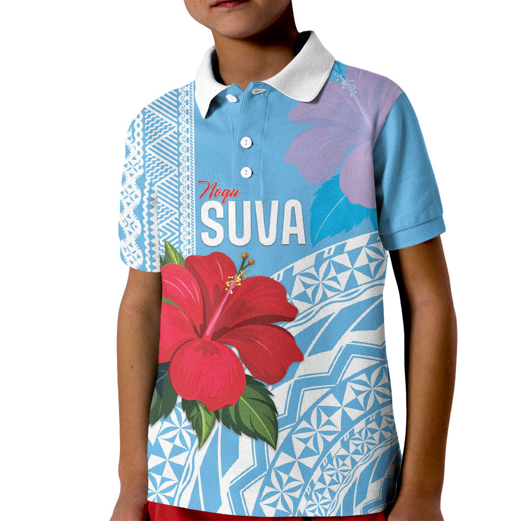 Suva Fiji 2026 Rugby Custom Kid Polo Shirt Hibiscus Fijian Tapa Pattern LT14 Kid Blue - Polynesian Pride
