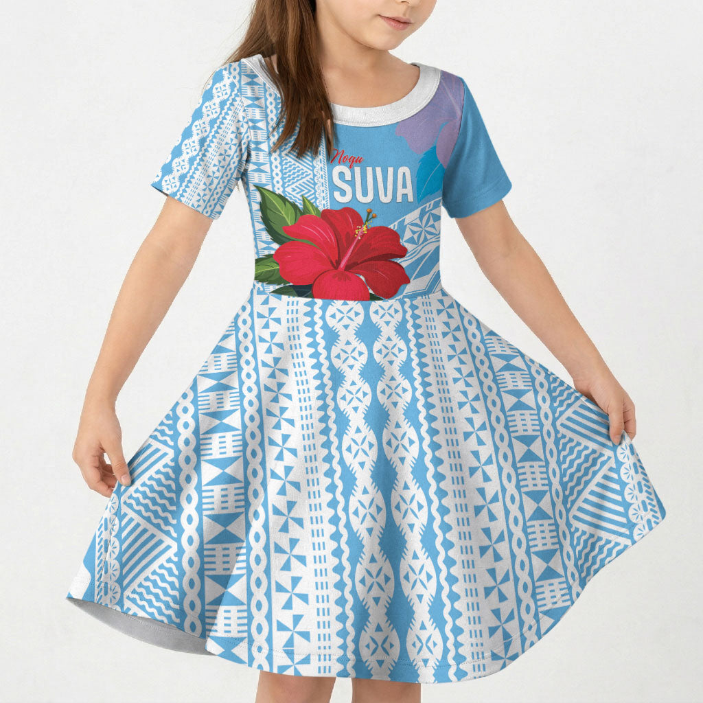 Suva Fiji 2026 Rugby Custom Kid Short Sleeve Dress Hibiscus Fijian Tapa Pattern