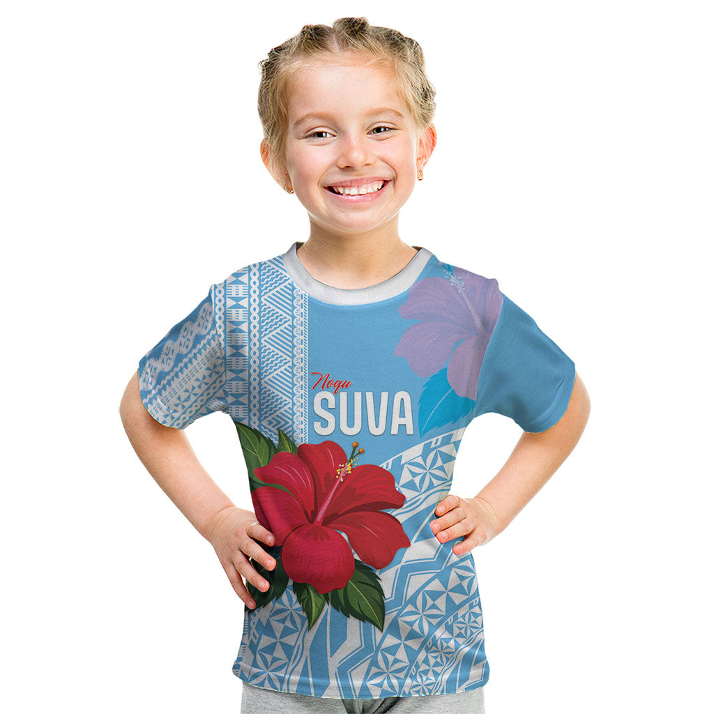 Suva Fiji 2026 Rugby Custom Kid T Shirt Hibiscus Fijian Tapa Pattern LT14 Blue - Polynesian Pride