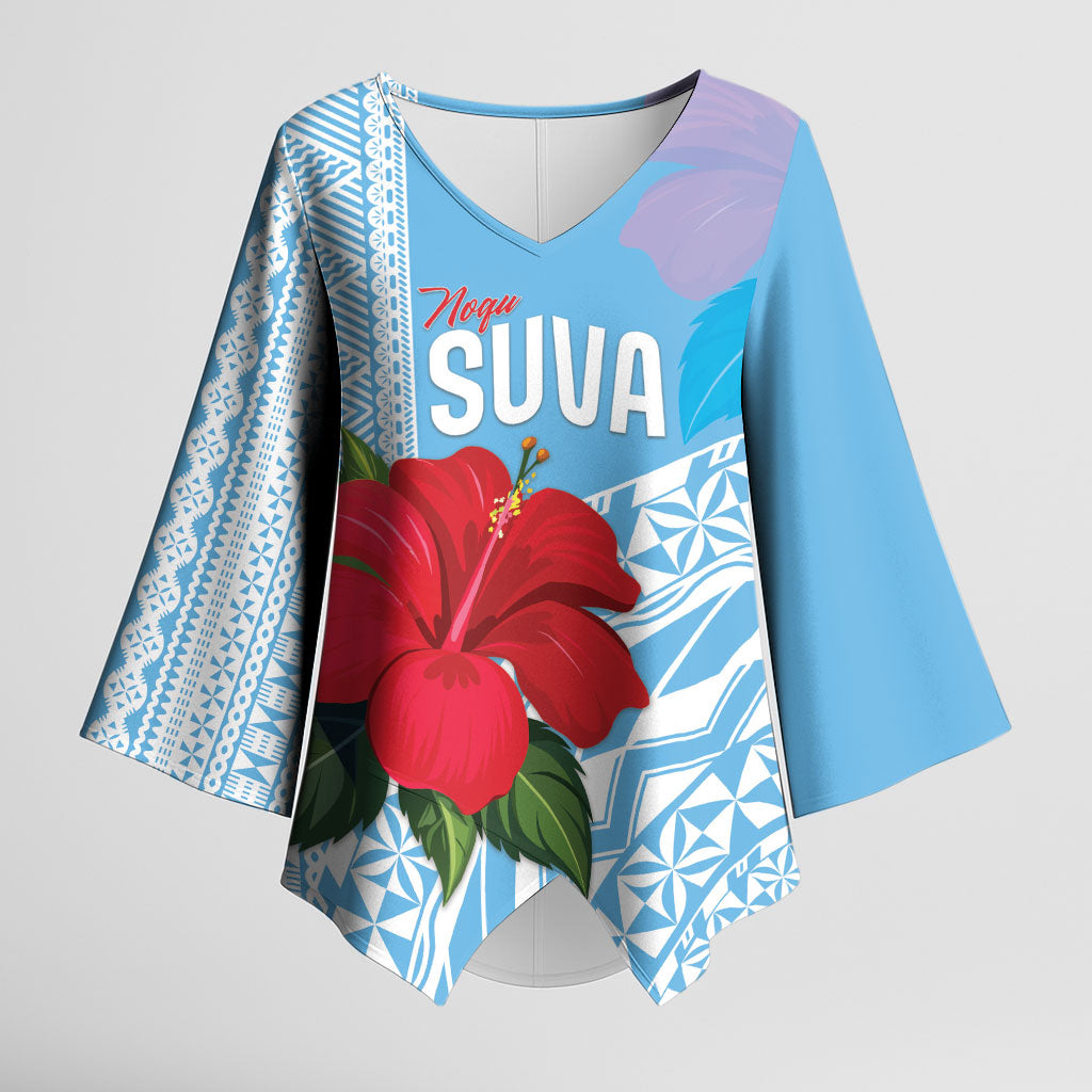 Suva Fiji 2026 Rugby Custom Kimono Sleeve Blouse Hibiscus Fijian Tapa Pattern LT14 Female Blue - Polynesian Pride