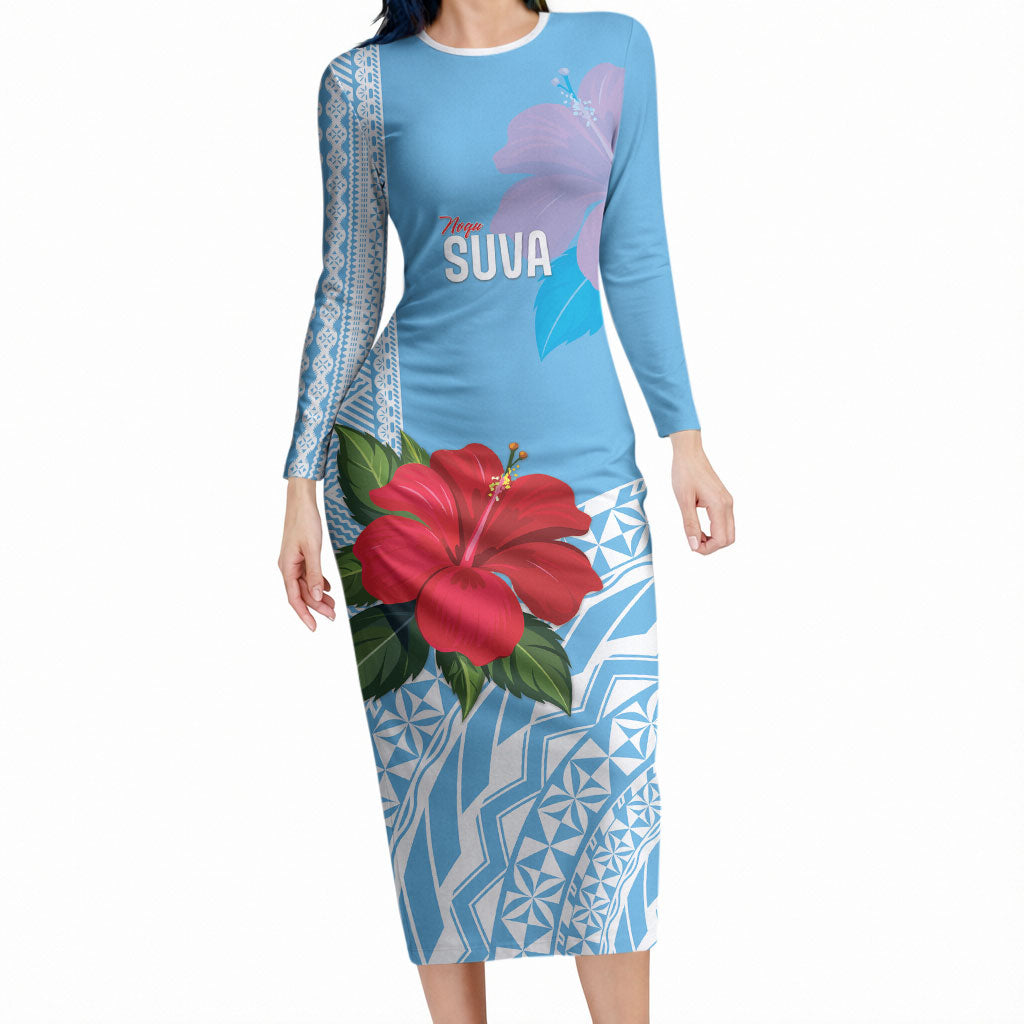 Suva Fiji 2026 Rugby Custom Long Sleeve Bodycon Dress Hibiscus Fijian Tapa Pattern