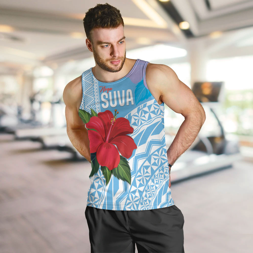 Suva Fiji 2026 Rugby Custom Men Tank Top Hibiscus Fijian Tapa Pattern LT14 Blue - Polynesian Pride