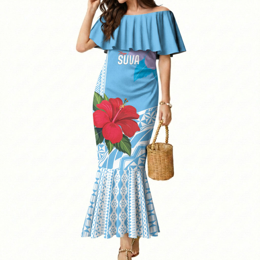 Suva Fiji 2026 Rugby Custom Mermaid Dress Hibiscus Fijian Tapa Pattern LT14 Women Blue - Polynesian Pride