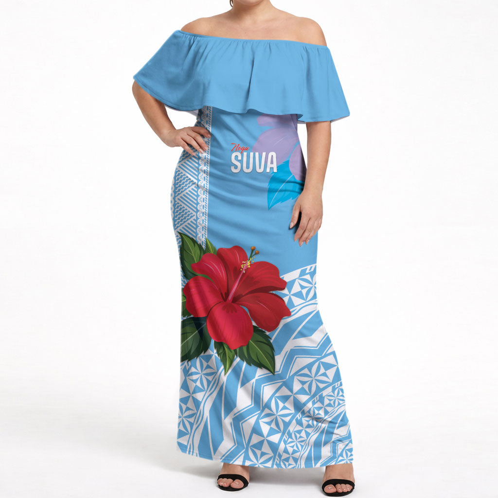 Suva Fiji 2026 Rugby Custom Off Shoulder Maxi Dress Hibiscus Fijian Tapa Pattern LT14 Women Blue - Polynesian Pride