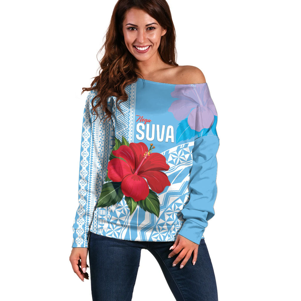 Suva Fiji 2026 Rugby Custom Off Shoulder Sweater Hibiscus Fijian Tapa Pattern LT14 Women Blue - Polynesian Pride