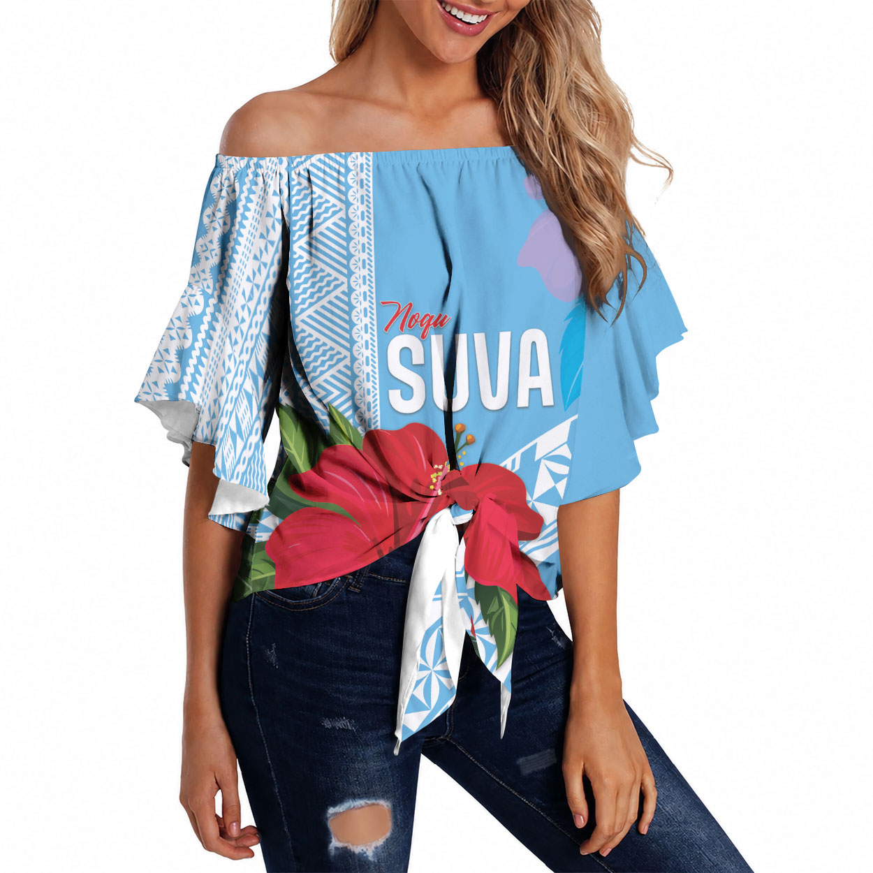 Suva Fiji 2026 Rugby Custom Off Shoulder Wrap Waist Top Hibiscus Fijian Tapa Pattern LT14 Blue - Polynesian Pride