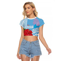 Suva Fiji 2026 Rugby Custom Raglan Cropped T Shirt Hibiscus Fijian Tapa Pattern LT14 Female Blue - Polynesian Pride