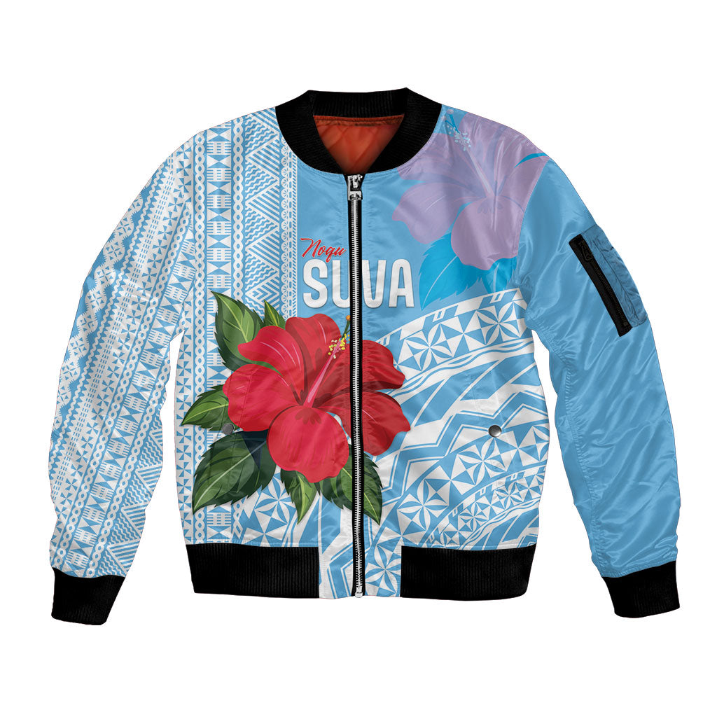 Suva Fiji 2026 Rugby Custom Sleeve Zip Bomber Jacket Hibiscus Fijian Tapa Pattern LT14 Unisex Blue - Polynesian Pride