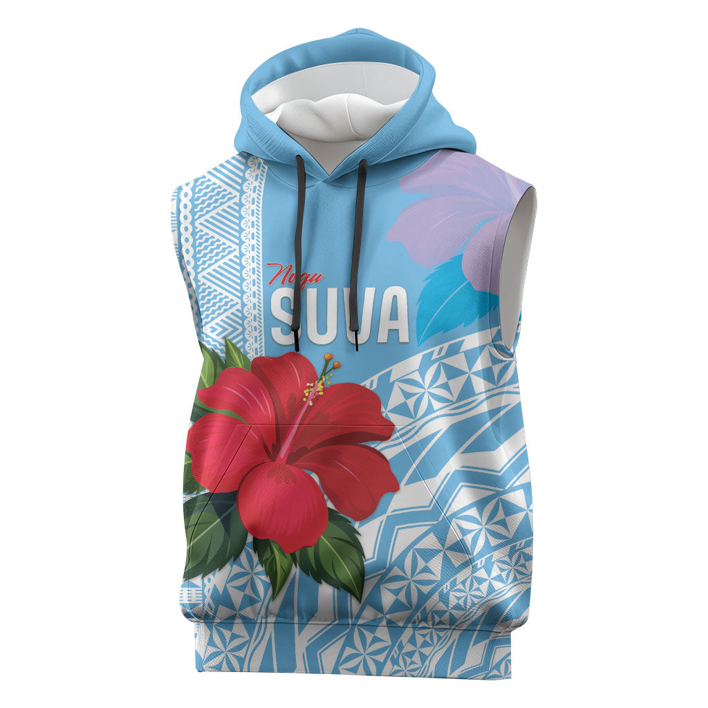 Suva Fiji 2026 Rugby Custom Sleeveless Hoodie Hibiscus Fijian Tapa Pattern LT14 Blue - Polynesian Pride
