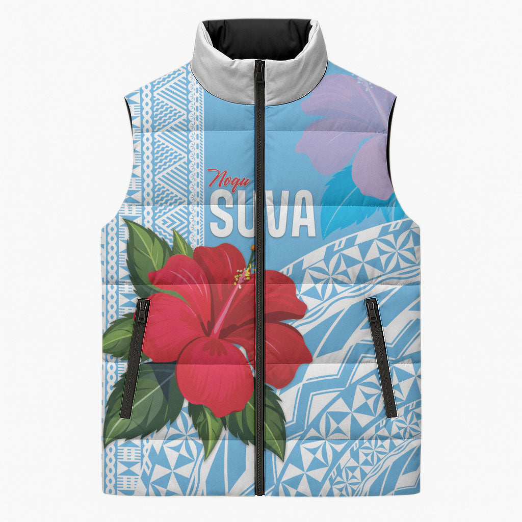 Suva Fiji 2026 Rugby Custom Sleeveless Puffer Jacket Hibiscus Fijian Tapa Pattern LT14 Unisex Blue - Polynesian Pride