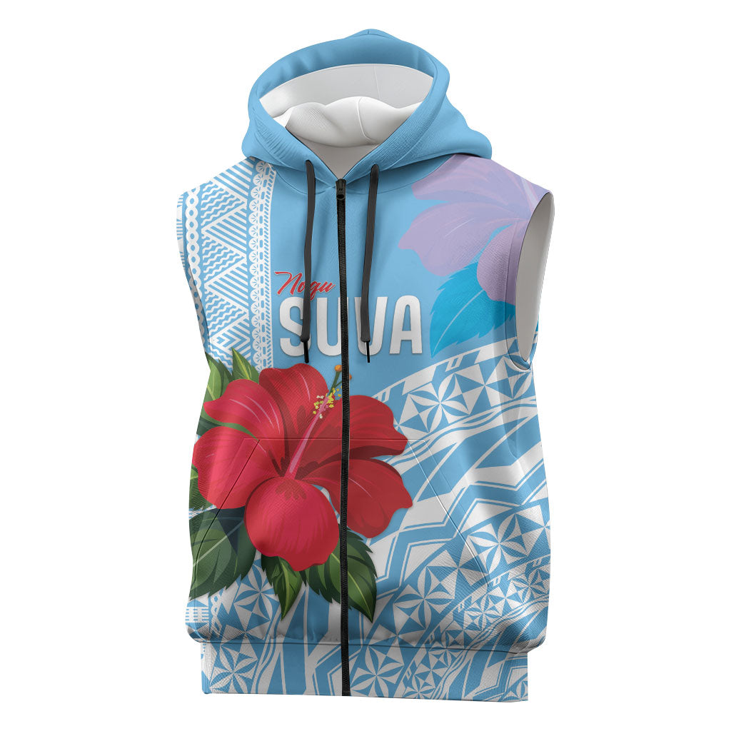Suva Fiji 2026 Rugby Custom Sleeveless Zip Hoodie Hibiscus Fijian Tapa Pattern LT14 Blue - Polynesian Pride