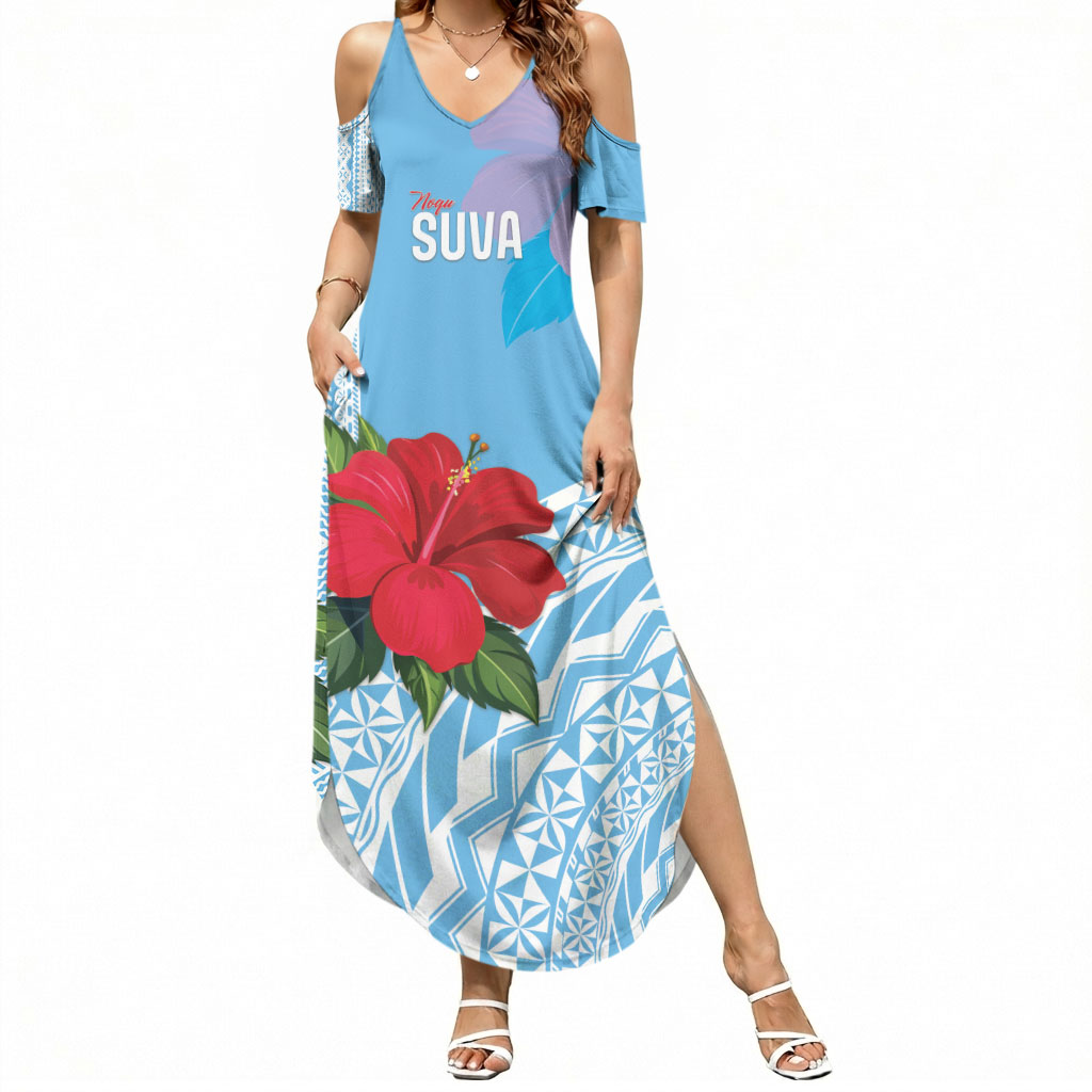 Suva Fiji 2026 Rugby Custom Summer Maxi Dress Hibiscus Fijian Tapa Pattern LT14 Women Blue - Polynesian Pride