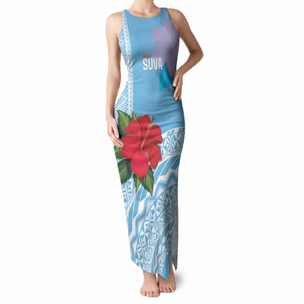 Suva Fiji 2026 Rugby Custom Tank Maxi Dress Hibiscus Fijian Tapa Pattern LT14 Women Blue - Polynesian Pride