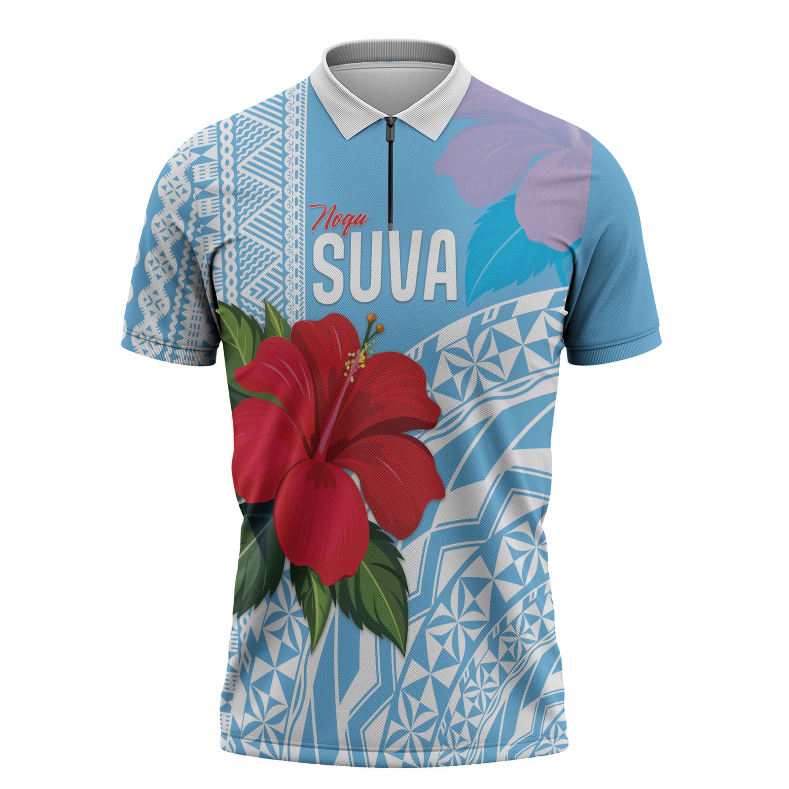 Suva Fiji 2026 Rugby Custom Zipper Polo Shirt Hibiscus Fijian Tapa Pattern LT14 Blue - Polynesian Pride