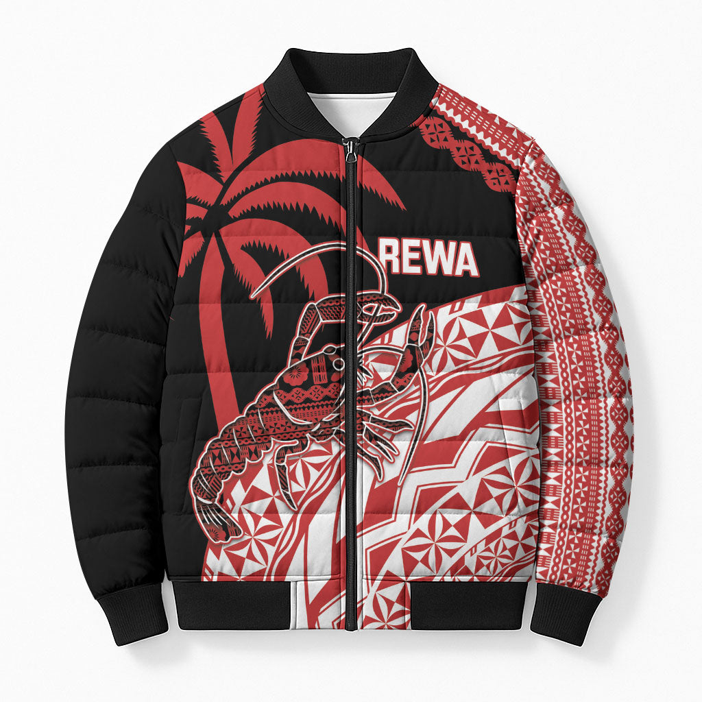 Rewa Fiji 2026 Rugby Custom Bomber Puffer Jacket Ura Prawn Fijian Tapa Pattern LT14 Unisex Red - Polynesian Pride