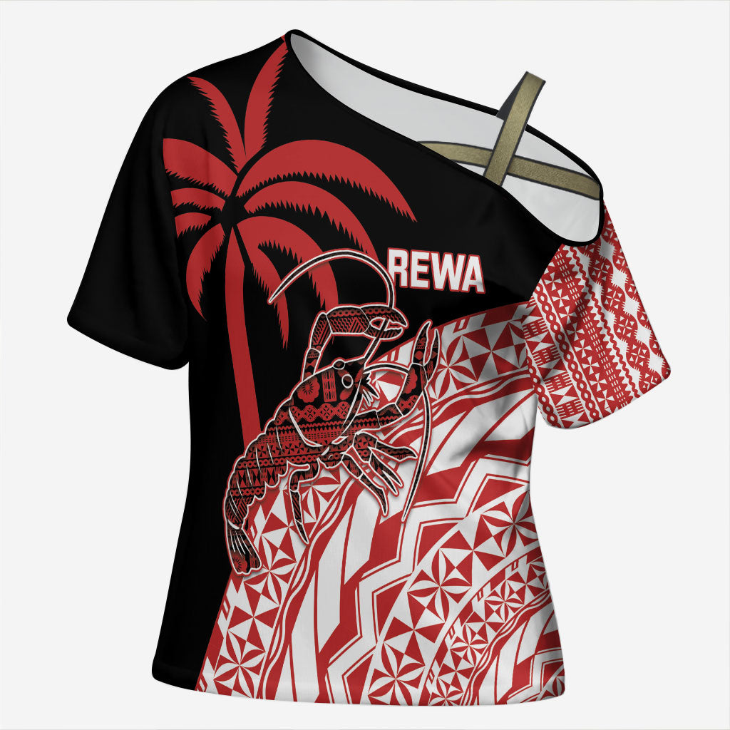 Rewa Fiji 2026 Rugby Custom Cross Shoulder Shirt Ura Prawn Fijian Tapa Pattern LT14 Female Red - Polynesian Pride